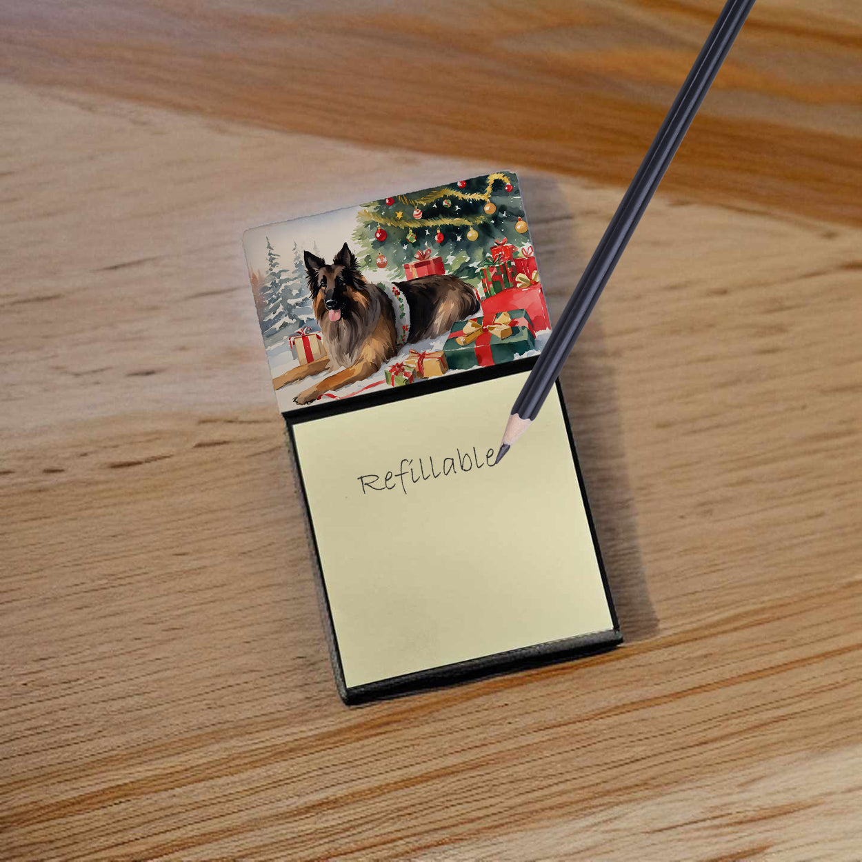 Belgian Tervuren Cozy Christmas Watercolor Sticky Note Holder Refillable Dispenser Desk Accessory 3x3 Pad Gift