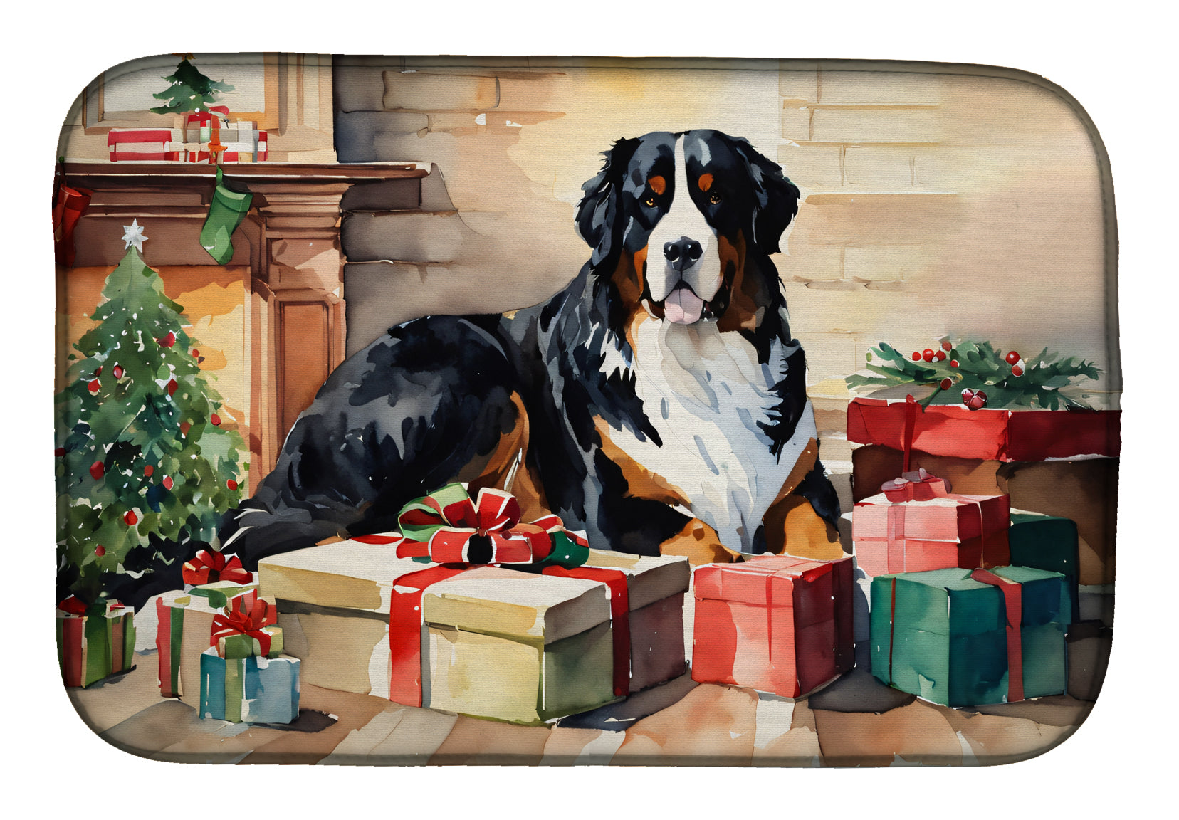 Bernese Mountain Dog Cozy Christmas Dish Drying Mat Absorbent Dish Drying Mat Pad for Kitchen Counter Dish Drainer Mat for Countertop, 14 x 21", Multicolor