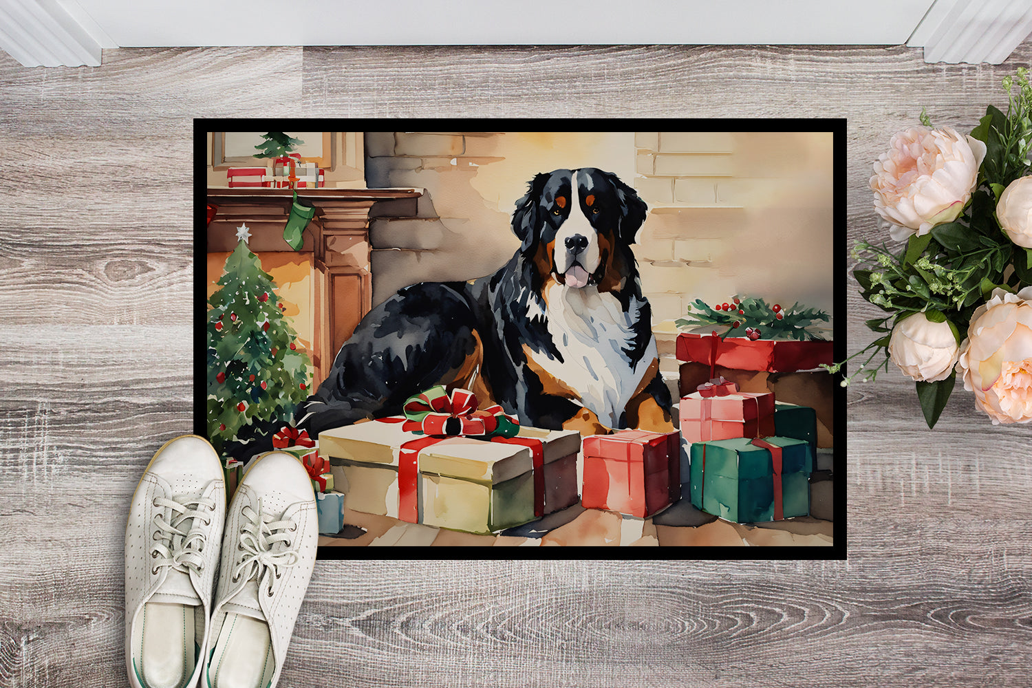 Bernese Mountain Dog Cozy Christmas Doormat Indoor Outdoor 24H X 36W Front Door Mat Rugs for Entryway, Non Slip Washable Low Pile,