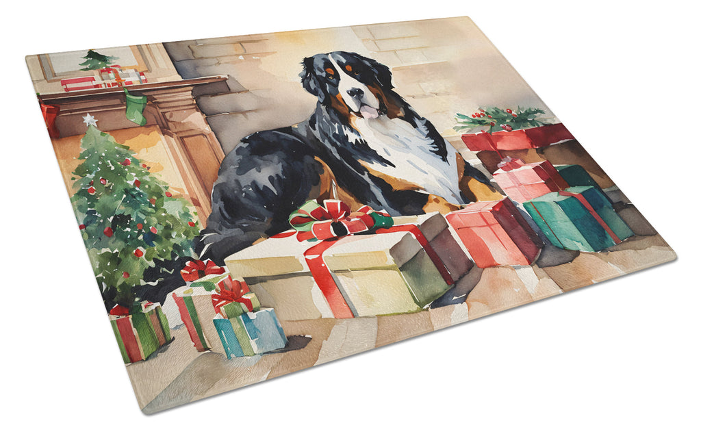 Bernese Mountain Dog Cozy Christmas Cutting Board Tempered Glass Kitchen Cutting Surface, Heat Resistant Chopping, Non-Slip Feet, Food Prep & Serving