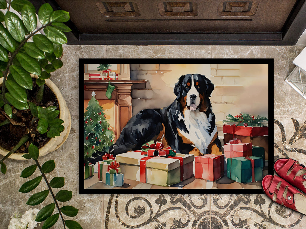 Bernese Mountain Dog Cozy Christmas Doormat Indoor Outdoor 18H X 27W Front Door Mat Rugs for Entryway, Non Slip Washable