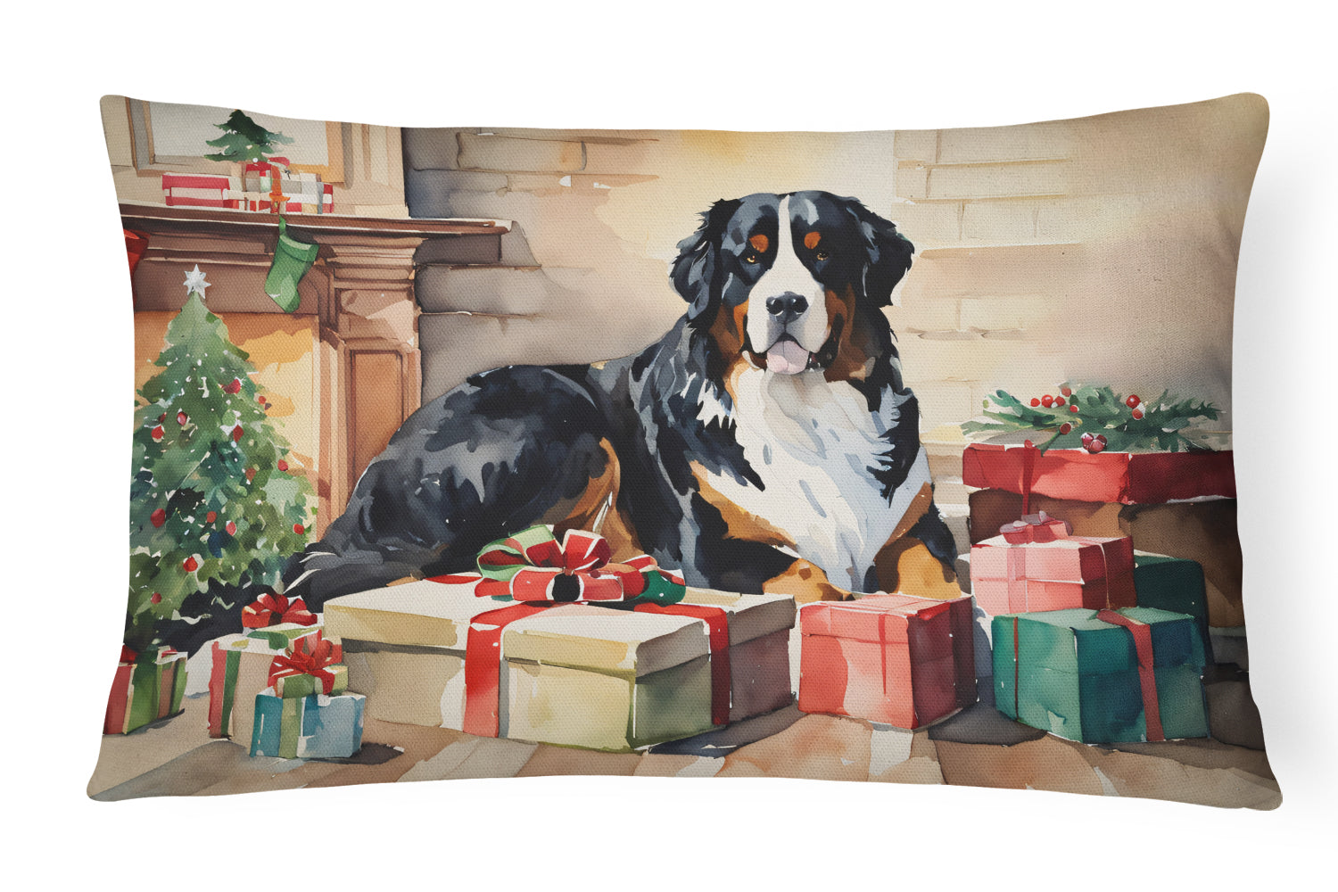 Bernese Mountain Dog Cozy Christmas Decorative Throw Pillow 12x16 Indoor Outdoor Accent Cushion, Fabric Cover with Insert for Sofa, Bed, Porch & Living Room