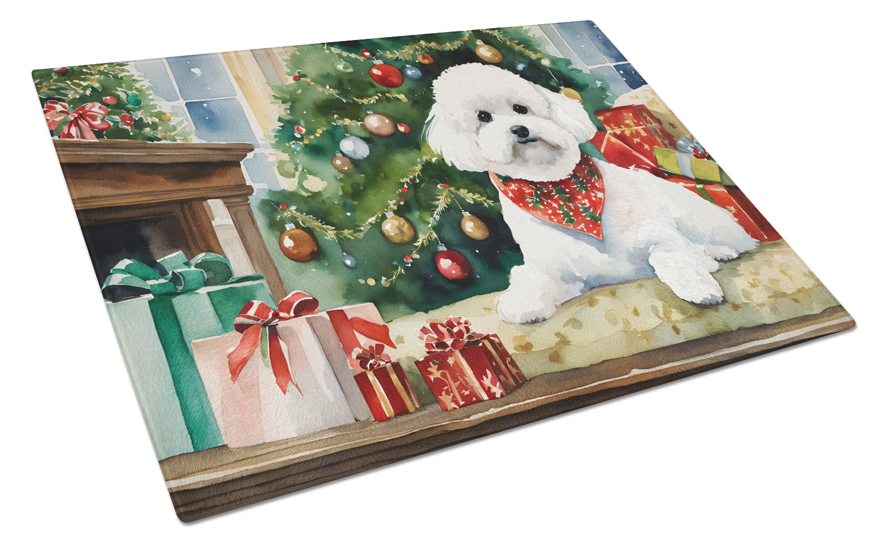 Bichon Frise Cozy Christmas Cutting Board Tempered Glass Kitchen Cutting Surface, Heat Resistant Chopping, Non-Slip Feet, Food Prep & Serving