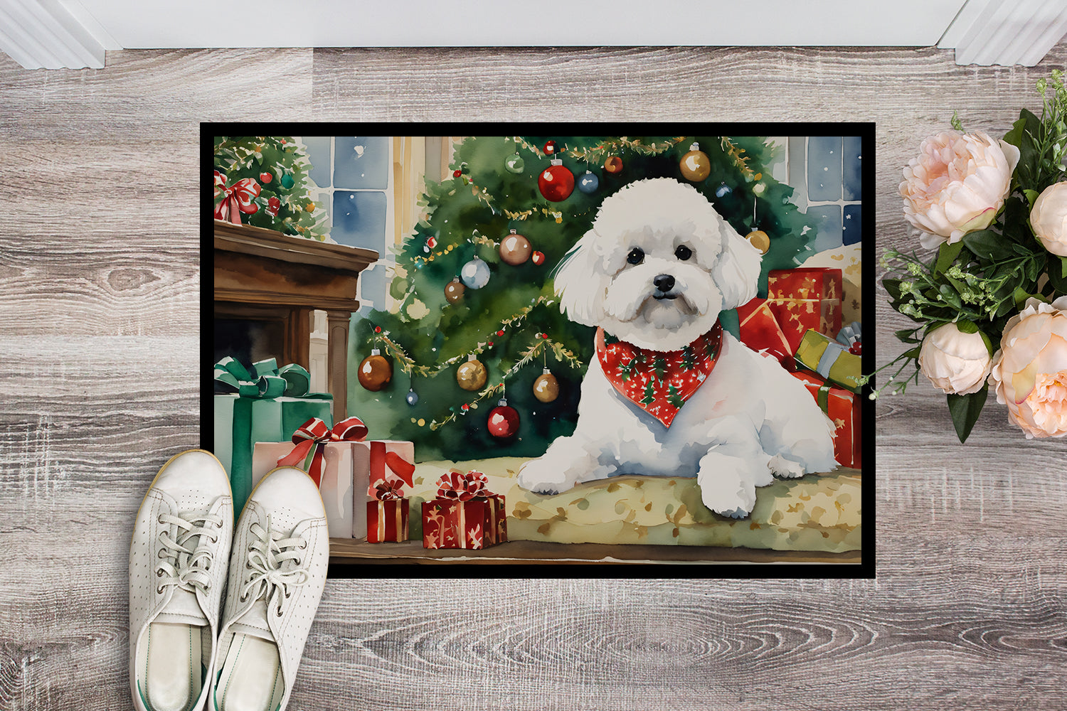 Bichon Frise Cozy Christmas Doormat Indoor Outdoor 18H X 27W Front Door Mat Rugs for Entryway, Non Slip Washable