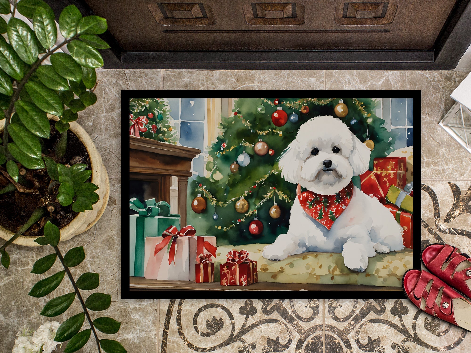 Bichon Frise Cozy Christmas Doormat Indoor Outdoor 18H X 27W Front Door Mat Rugs for Entryway, Non Slip Washable