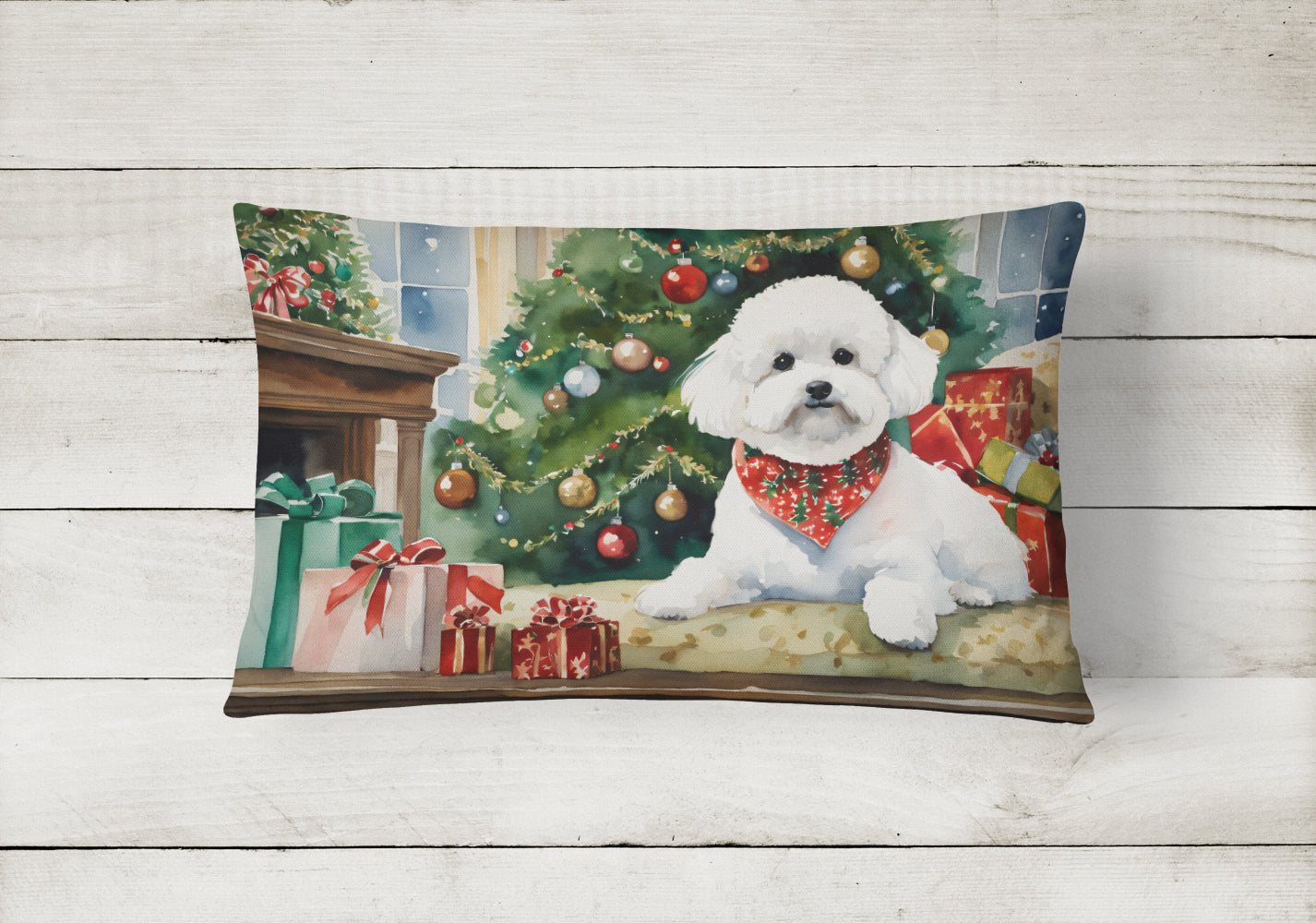 Bichon Frise Cozy Christmas Decorative Throw Pillow 12x16 Indoor Outdoor Accent Cushion, Fabric Cover with Insert for Sofa, Bed, Porch & Living Room