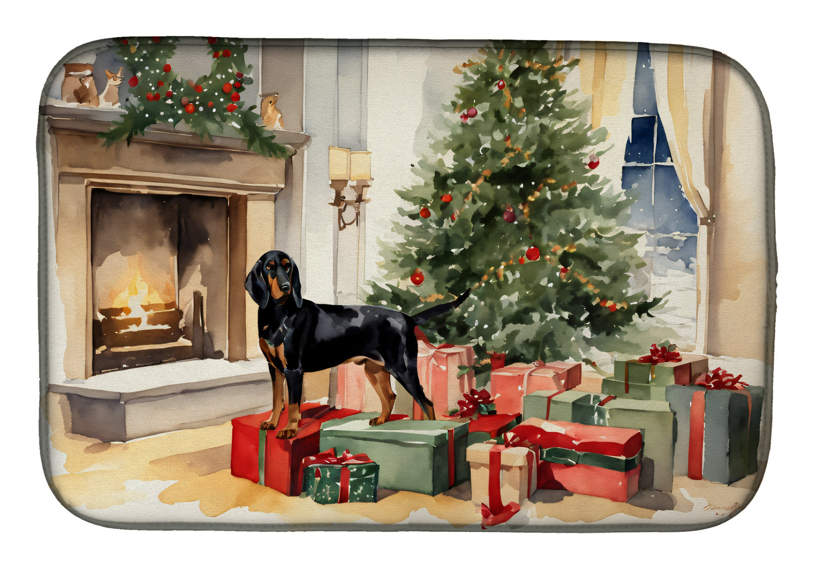 Black and Tan Coonhound Cozy Christmas Dish Drying Mat Absorbent Dish Drying Mat Pad for Kitchen Counter Dish Drainer Mat for Countertop, 14 x 21", Multicolor