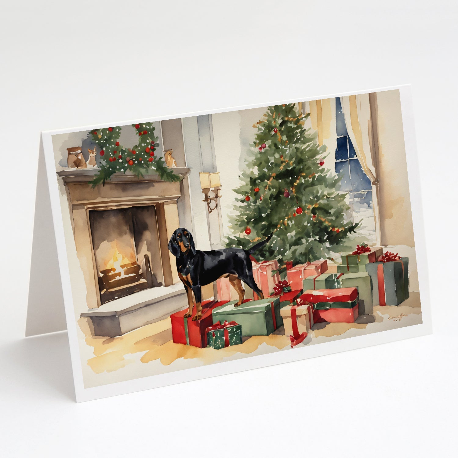 Black and Tan Coonhound Cozy Christmas Greeting Cards Pack of 8 Blank Cards with Envelopes Whimsical A7 Size 5x7