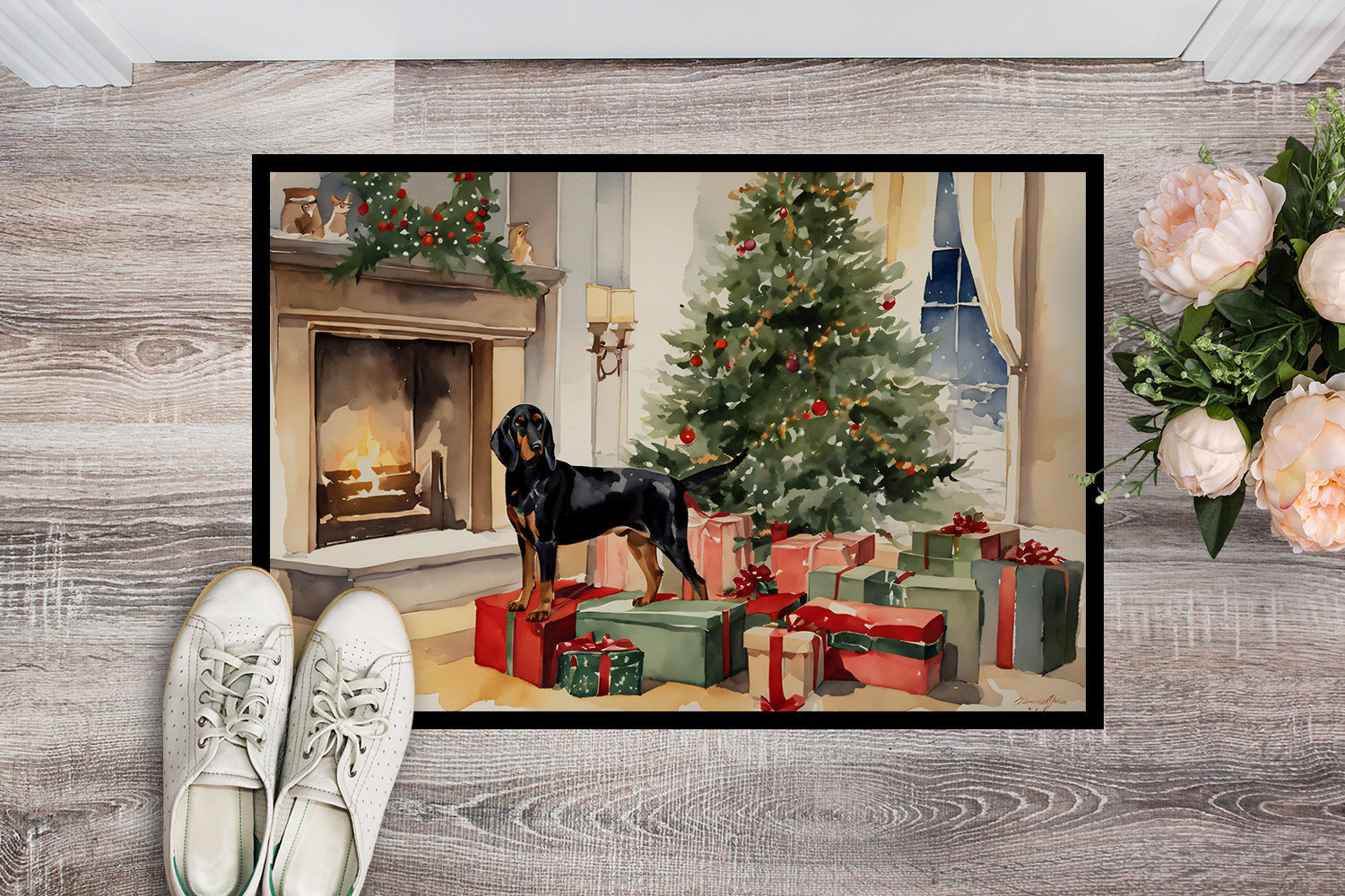 Black and Tan Coonhound Cozy Christmas Doormat Indoor Outdoor 24H X 36W Front Door Mat Rugs for Entryway, Non Slip Washable Low Pile,