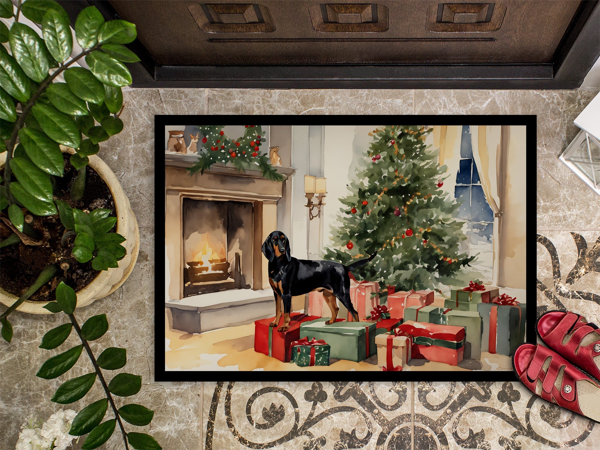Black and Tan Coonhound Cozy Christmas Doormat Indoor Outdoor 24H X 36W Front Door Mat Rugs for Entryway, Non Slip Washable Low Pile,