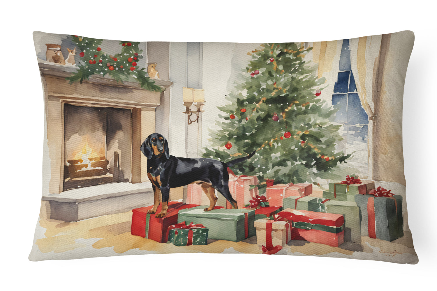 Black and Tan Coonhound Cozy Christmas Decorative Throw Pillow 12x16 Indoor Outdoor Accent Cushion, Fabric Cover with Insert for Sofa, Bed, Porch & Living Room