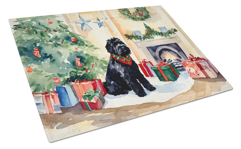Black Russian Terrier Cozy Christmas Cutting Board Tempered Glass Kitchen Cutting Surface, Heat Resistant Chopping, Non-Slip Feet, Food Prep & Serving
