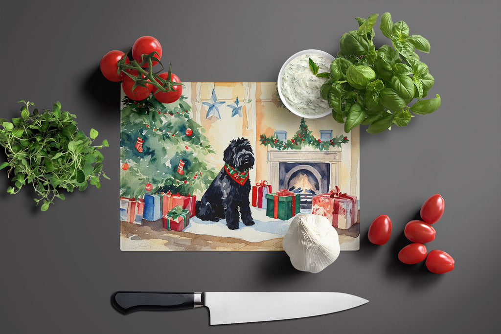 Black Russian Terrier Cozy Christmas Cutting Board Tempered Glass Kitchen Cutting Surface, Heat Resistant Chopping, Non-Slip Feet, Food Prep & Serving