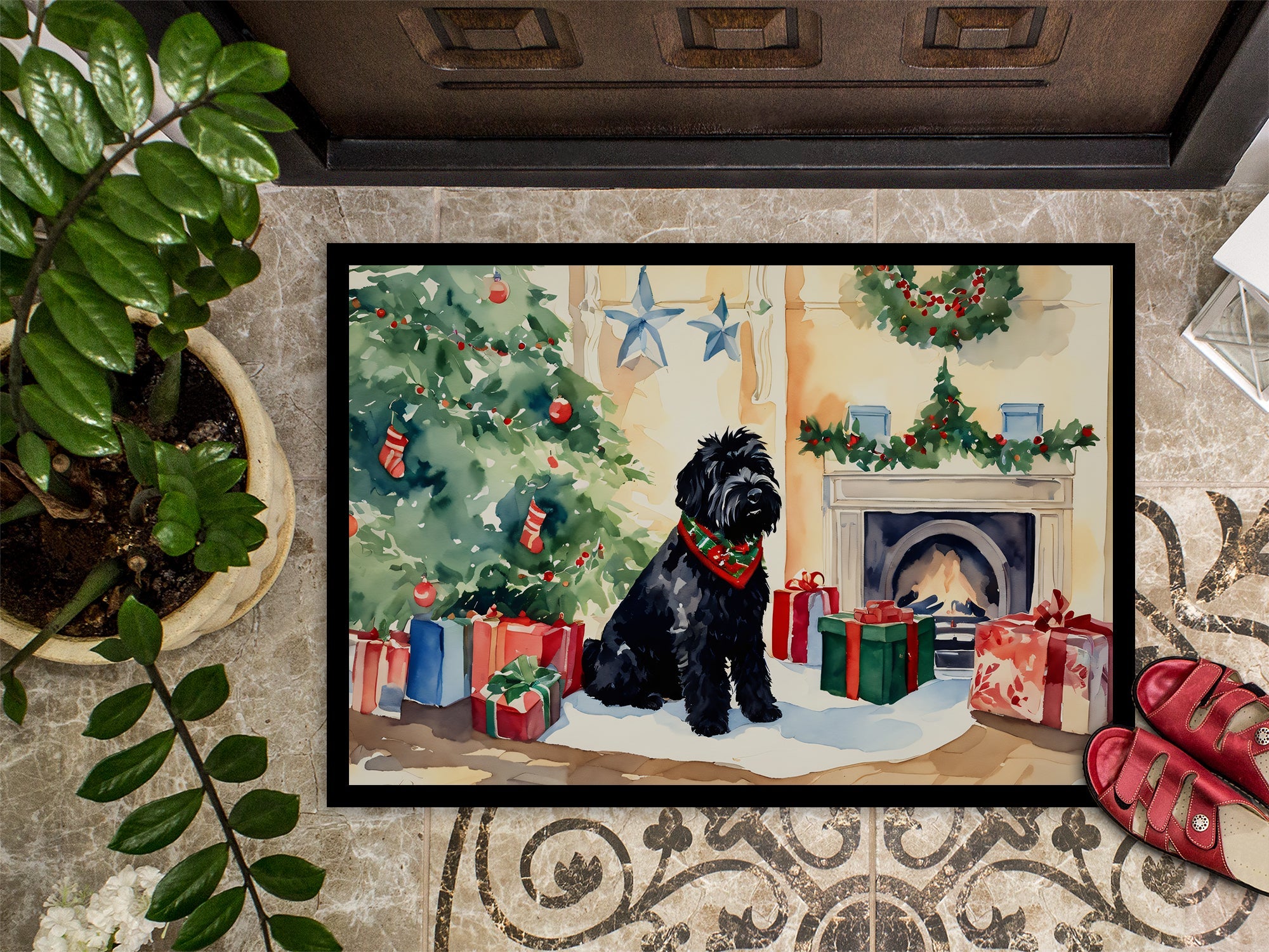 Black Russian Terrier Cozy Christmas Doormat Indoor Outdoor 18H X 27W Front Door Mat Rugs for Entryway, Non Slip Washable