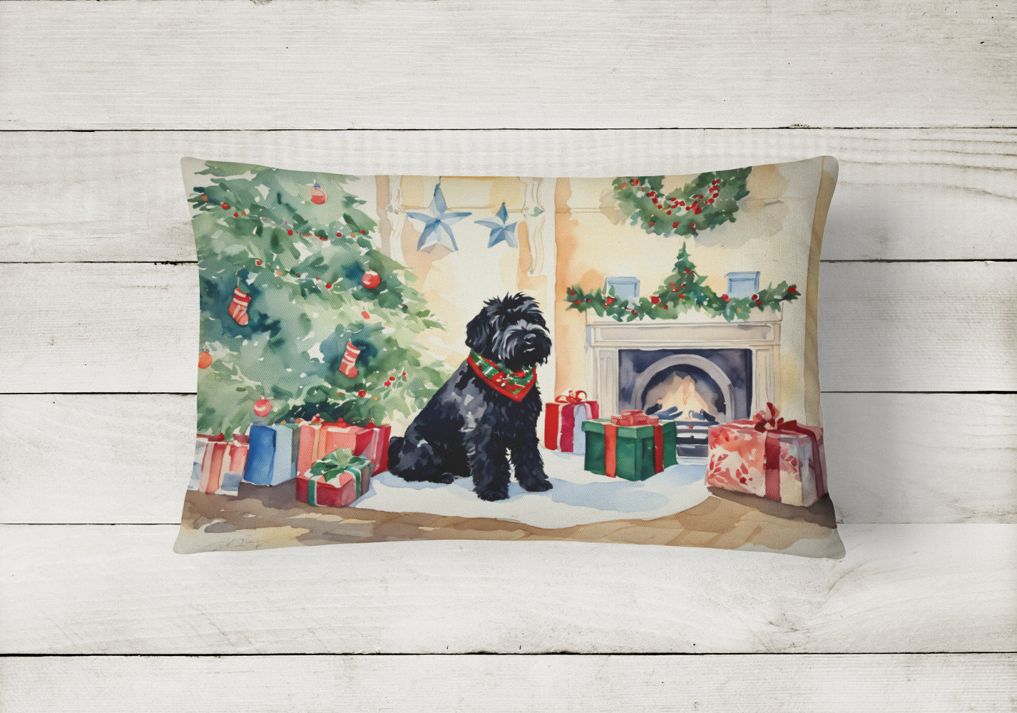 Black Russian Terrier Cozy Christmas Decorative Throw Pillow 12x16 Indoor Outdoor Accent Cushion, Fabric Cover with Insert for Sofa, Bed, Porch & Living Room