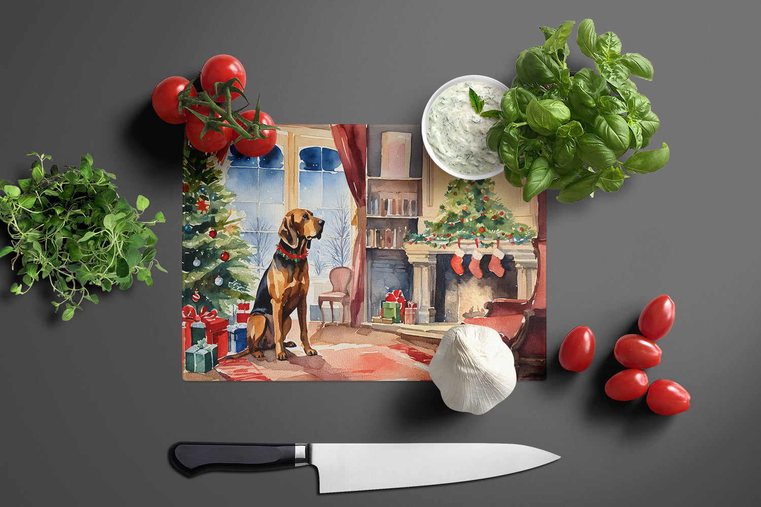 Bloodhound Cozy Christmas Cutting Board Tempered Glass Kitchen Cutting Surface, Heat Resistant Chopping, Non-Slip Feet, Food Prep & Serving