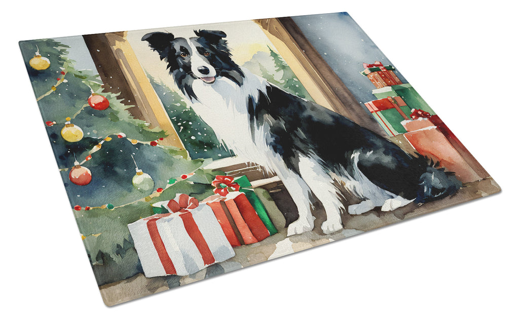 Border Collie Cozy Christmas Cutting Board Tempered Glass Kitchen Cutting Surface, Heat Resistant Chopping, Non-Slip Feet, Food Prep & Serving