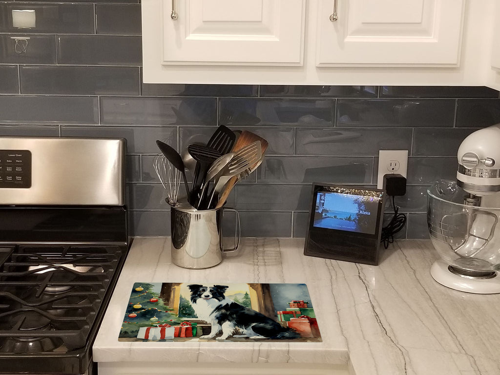 Border Collie Cozy Christmas Cutting Board Tempered Glass Kitchen Cutting Surface, Heat Resistant Chopping, Non-Slip Feet, Food Prep & Serving