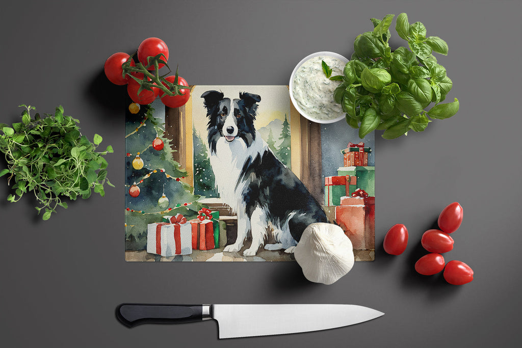 Border Collie Cozy Christmas Cutting Board Tempered Glass Kitchen Cutting Surface, Heat Resistant Chopping, Non-Slip Feet, Food Prep & Serving