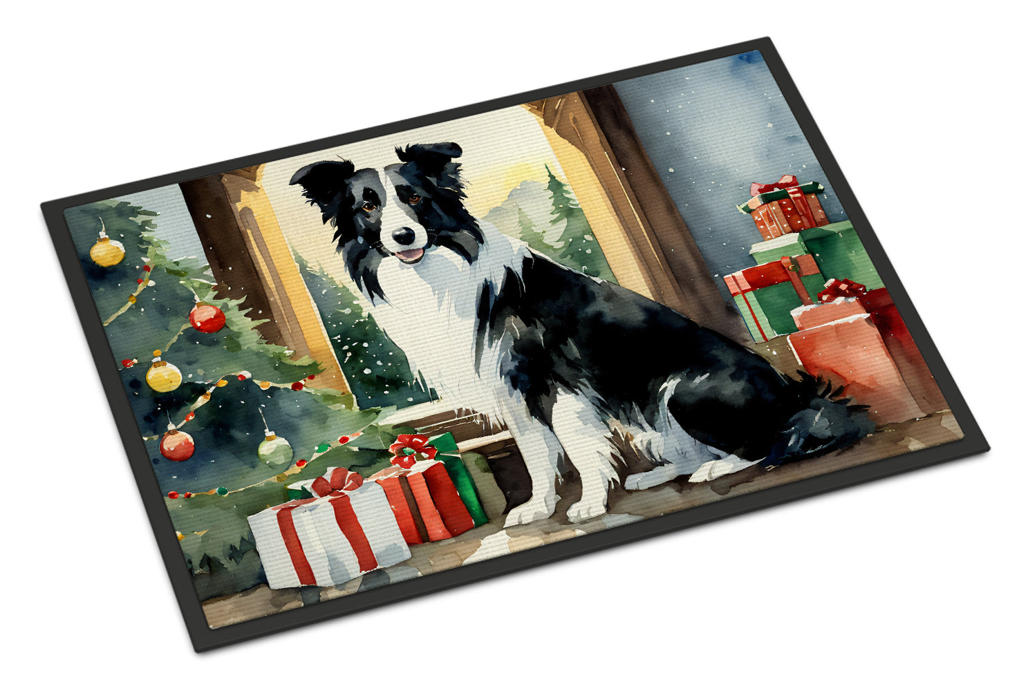 Border Collie Cozy Christmas Doormat Indoor Outdoor 18H X 27W Front Door Mat Rugs for Entryway, Non Slip Washable