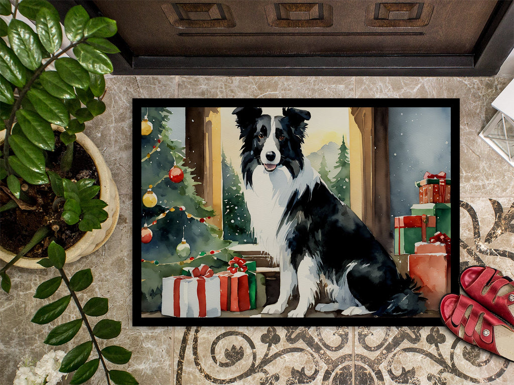 Border Collie Cozy Christmas Doormat Indoor Outdoor 18H X 27W Front Door Mat Rugs for Entryway, Non Slip Washable