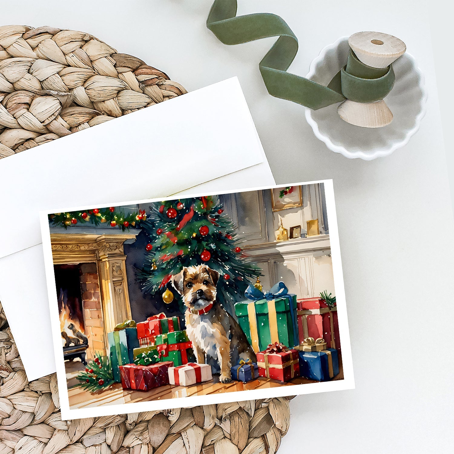 Border Terrier Cozy Christmas Greeting Cards Pack of 8 Blank Cards with Envelopes Whimsical A7 Size 5x7