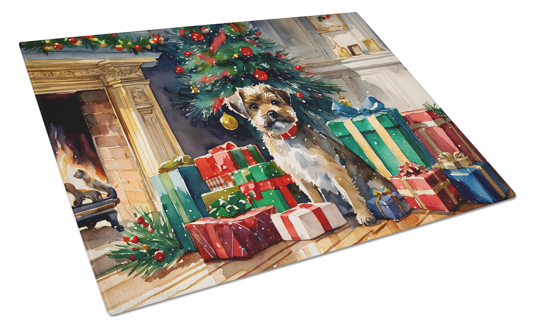 Border Terrier Cozy Christmas Cutting Board Tempered Glass Kitchen Cutting Surface, Heat Resistant Chopping, Non-Slip Feet, Food Prep & Serving