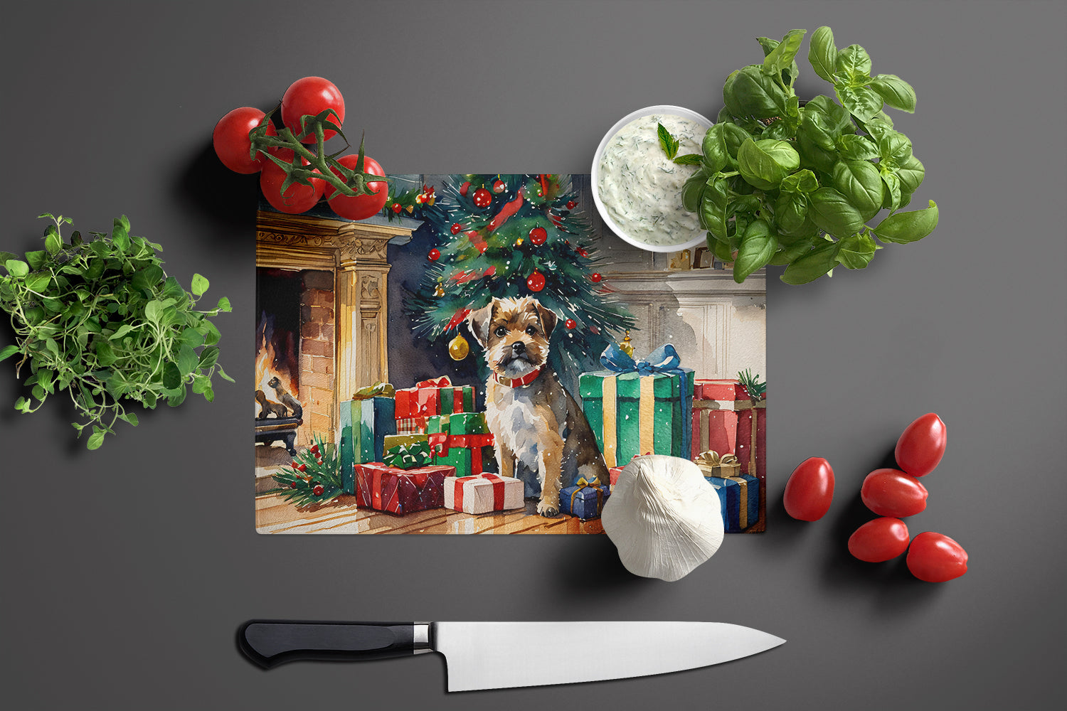 Border Terrier Cozy Christmas Cutting Board Tempered Glass Kitchen Cutting Surface, Heat Resistant Chopping, Non-Slip Feet, Food Prep & Serving