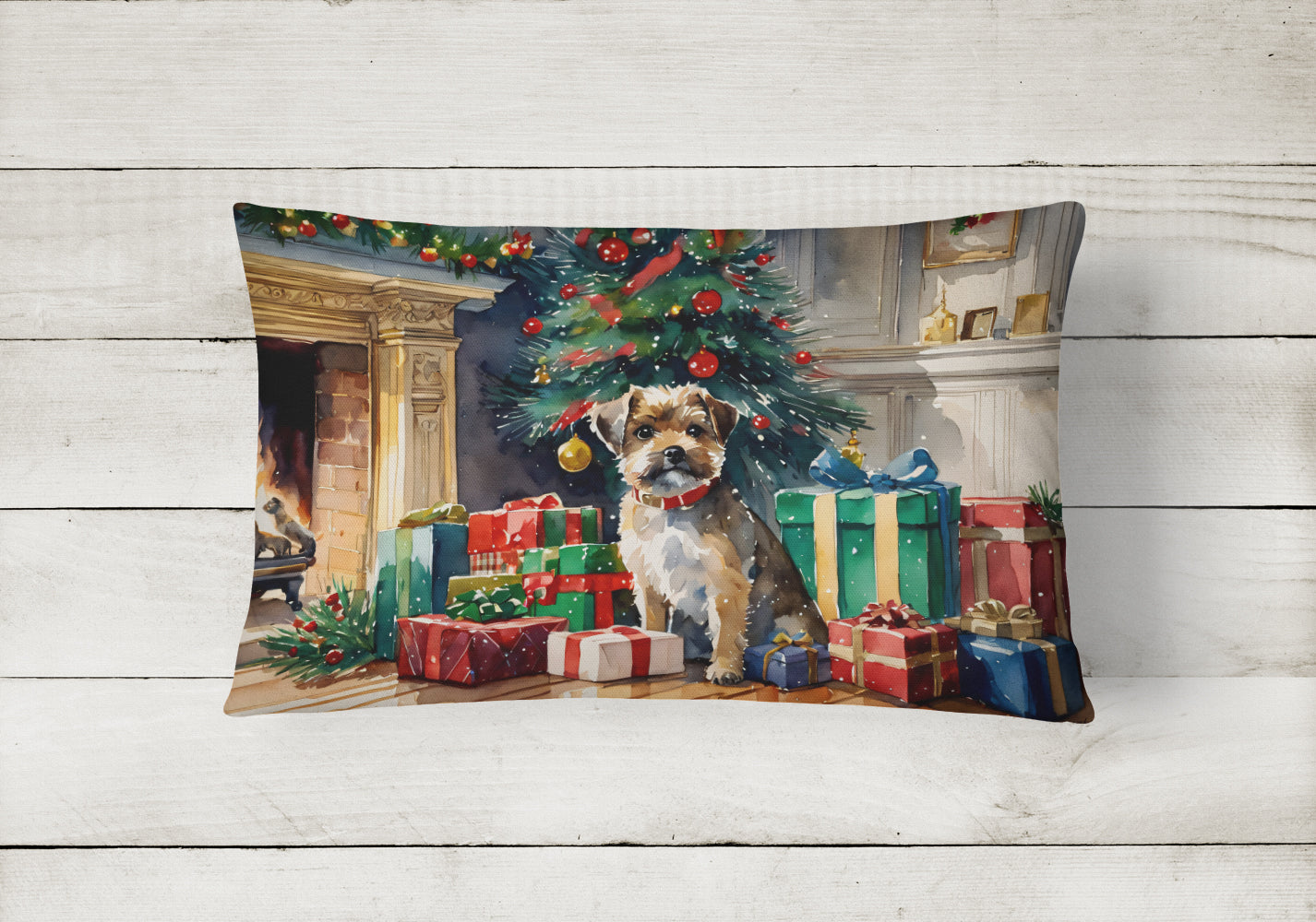 Border Terrier Cozy Christmas Decorative Throw Pillow 12x16 Indoor Outdoor Accent Cushion, Fabric Cover with Insert for Sofa, Bed, Porch & Living Room