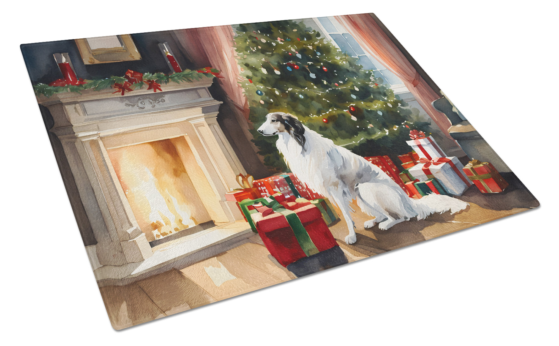 Borzoi Cozy Christmas Cutting Board Tempered Glass Kitchen Cutting Surface, Heat Resistant Chopping, Non-Slip Feet, Food Prep & Serving
