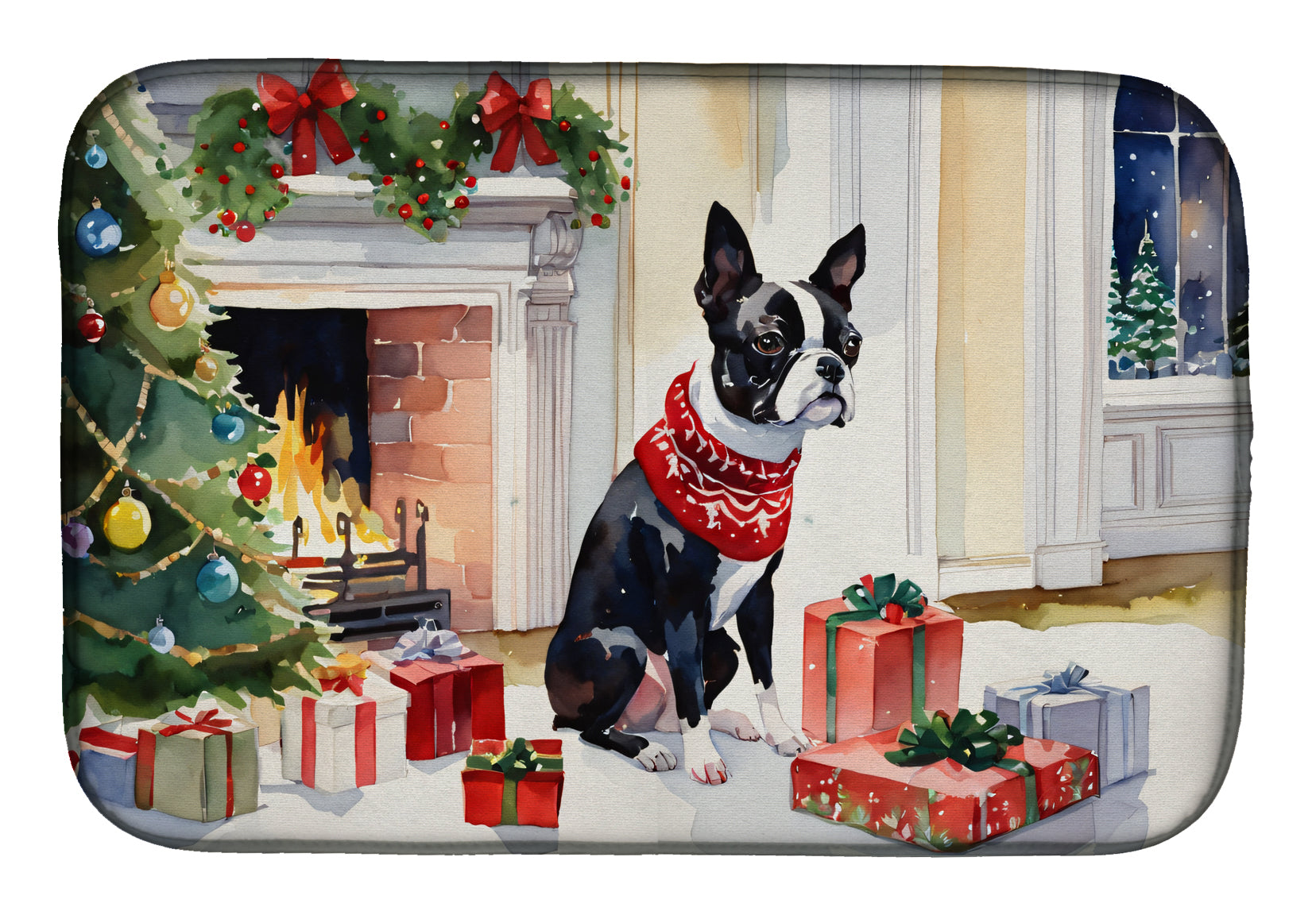 Boston Terrier Cozy Christmas Dish Drying Mat Absorbent Dish Drying Mat Pad for Kitchen Counter Dish Drainer Mat for Countertop, 14 x 21", Multicolor