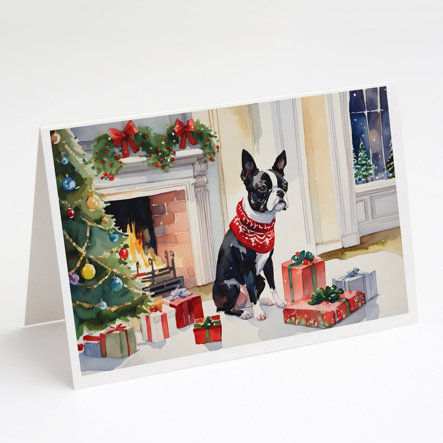 Boston Terrier Cozy Christmas Greeting Cards Pack of 8 Blank Cards with Envelopes Whimsical A7 Size 5x7