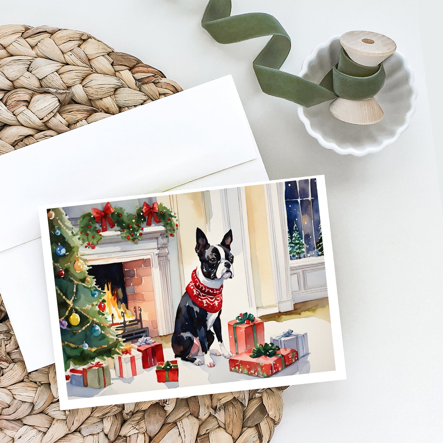 Boston Terrier Cozy Christmas Greeting Cards Pack of 8 Blank Cards with Envelopes Whimsical A7 Size 5x7