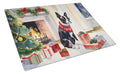 Boston Terrier Cozy Christmas Cutting Board Tempered Glass Kitchen Cutting Surface, Heat Resistant Chopping, Non-Slip Feet, Food Prep & Serving