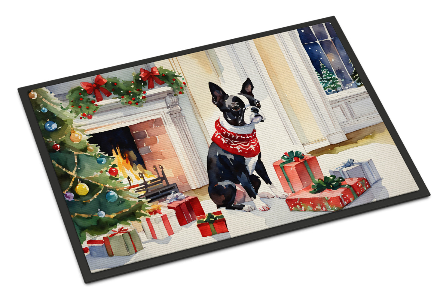 Boston Terrier Cozy Christmas Doormat Indoor Outdoor 18H X 27W Front Door Mat Rugs for Entryway, Non Slip Washable