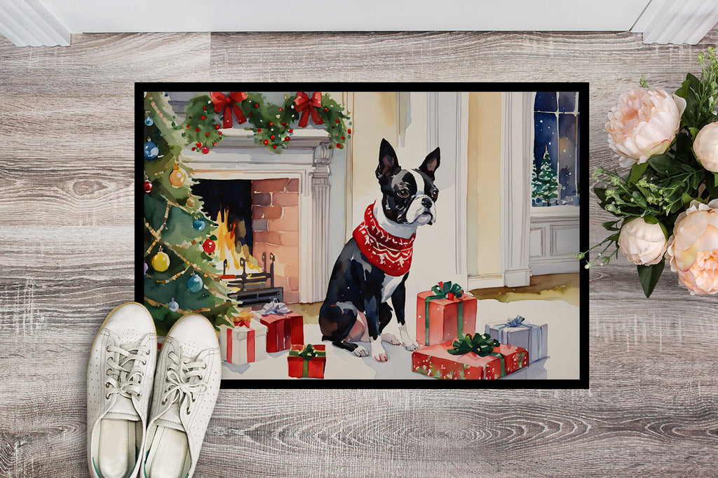 Boston Terrier Cozy Christmas Doormat Indoor Outdoor 18H X 27W Front Door Mat Rugs for Entryway, Non Slip Washable