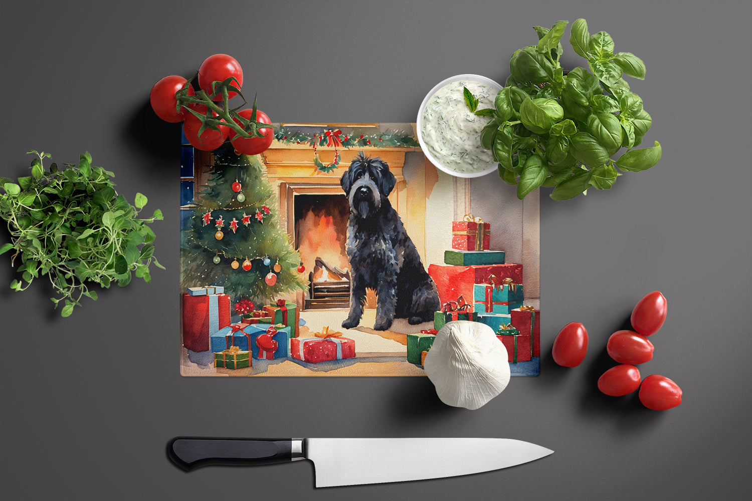 Bouvier des Flandres Cozy Christmas Cutting Board Tempered Glass Kitchen Cutting Surface, Heat Resistant Chopping, Non-Slip Feet, Food Prep & Serving