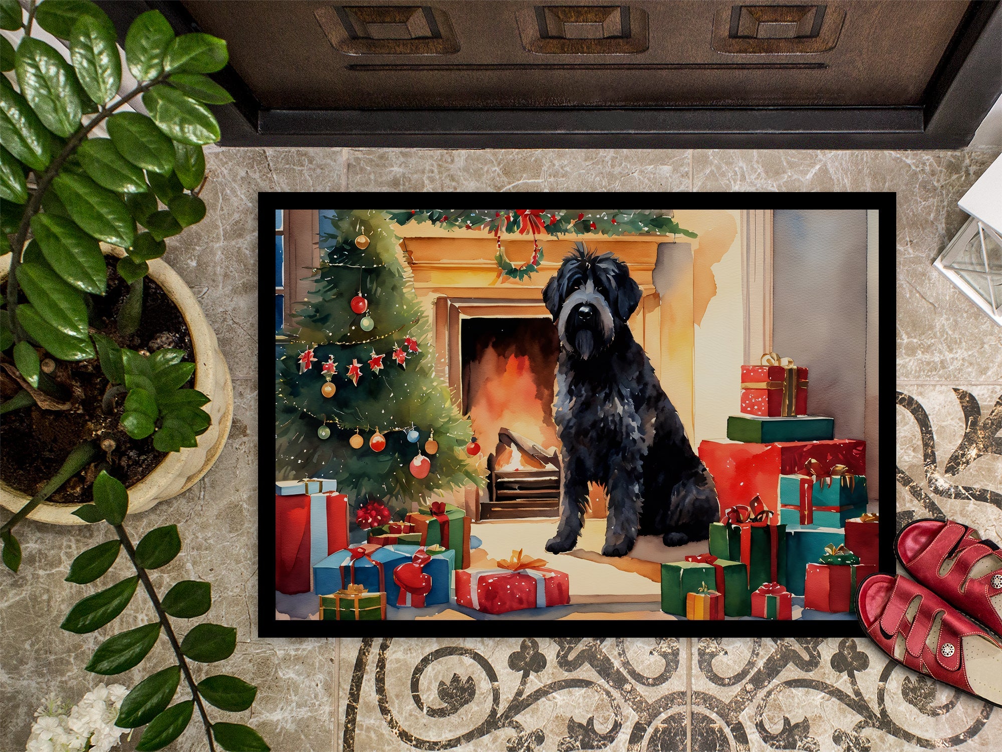 Bouvier des Flandres Cozy Christmas Doormat Indoor Outdoor 18H X 27W Front Door Mat Rugs for Entryway, Non Slip Washable