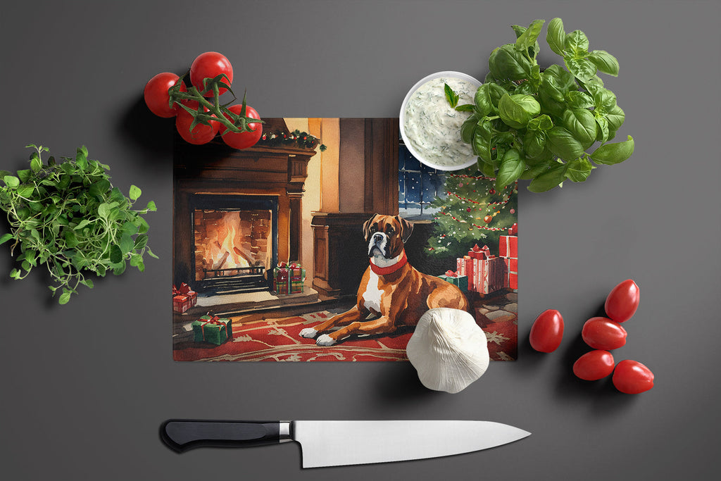 Boxer Cozy Christmas Cutting Board Tempered Glass Kitchen Cutting Surface, Heat Resistant Chopping, Non-Slip Feet, Food Prep & Serving