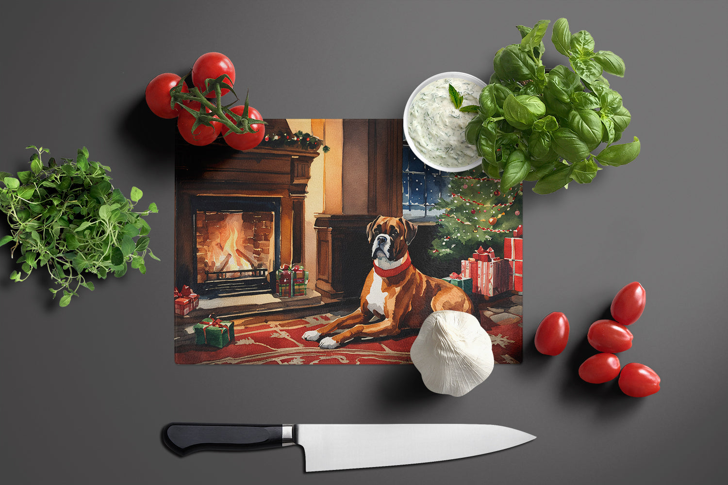 Boxer Cozy Christmas Cutting Board Tempered Glass Kitchen Cutting Surface, Heat Resistant Chopping, Non-Slip Feet, Food Prep & Serving