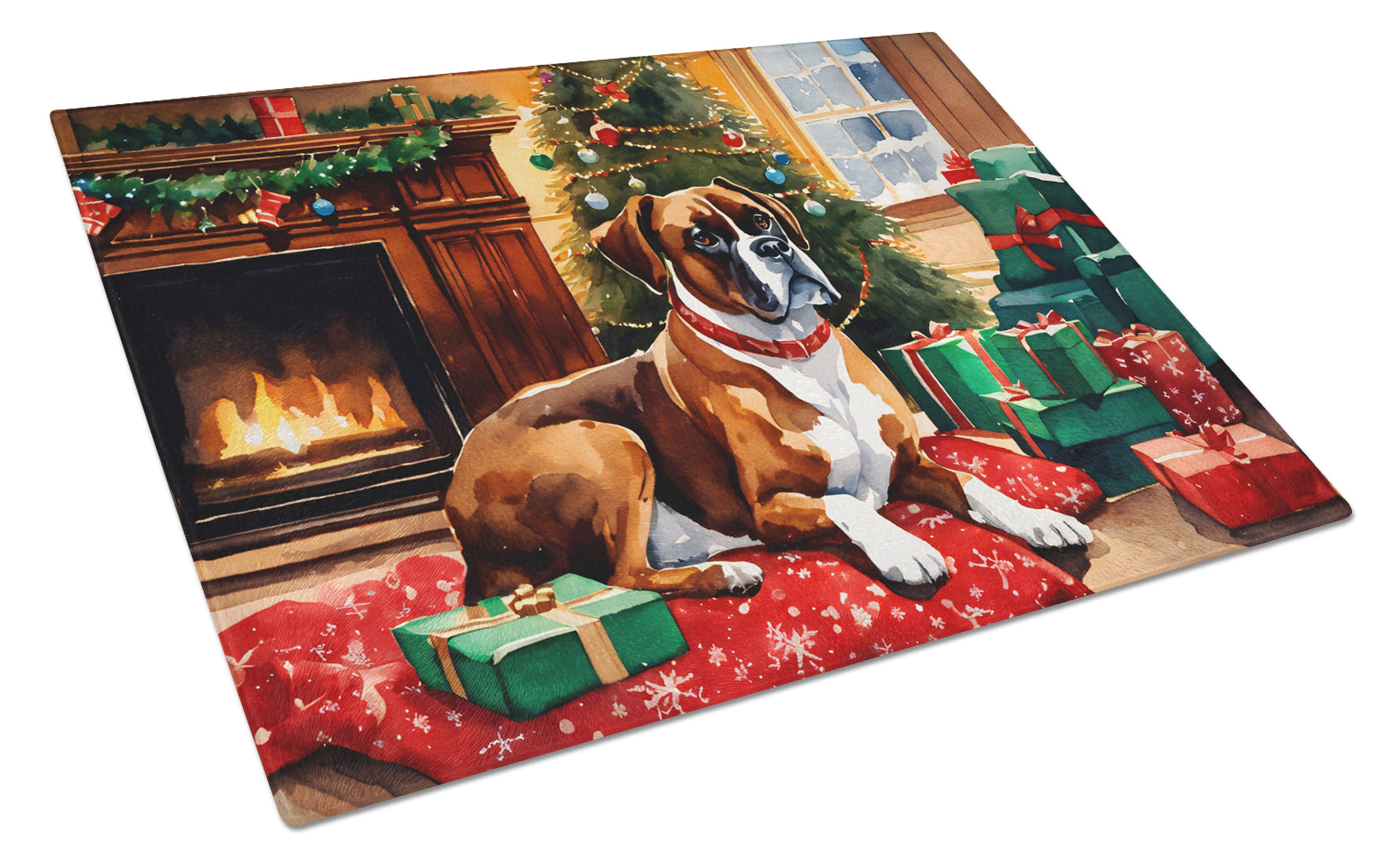 Boxer Cozy Christmas Cutting Board Tempered Glass Kitchen Cutting Surface, Heat Resistant Chopping, Non-Slip Feet, Food Prep & Serving
