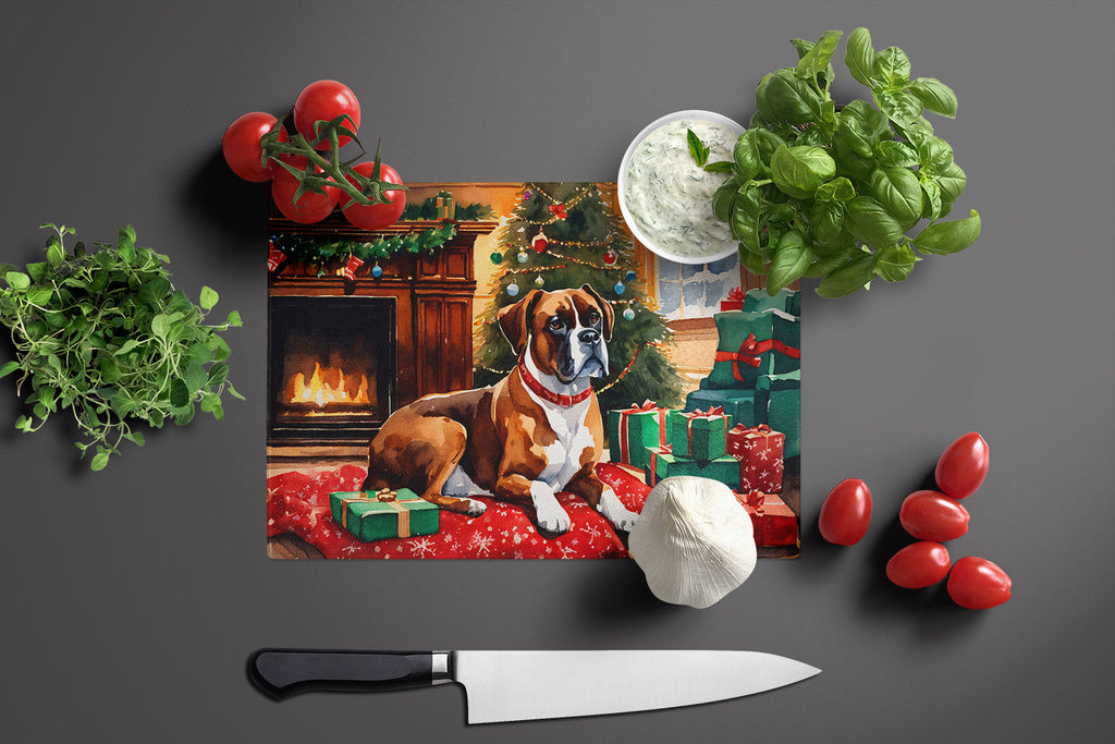 Boxer Cozy Christmas Cutting Board Tempered Glass Kitchen Cutting Surface, Heat Resistant Chopping, Non-Slip Feet, Food Prep & Serving