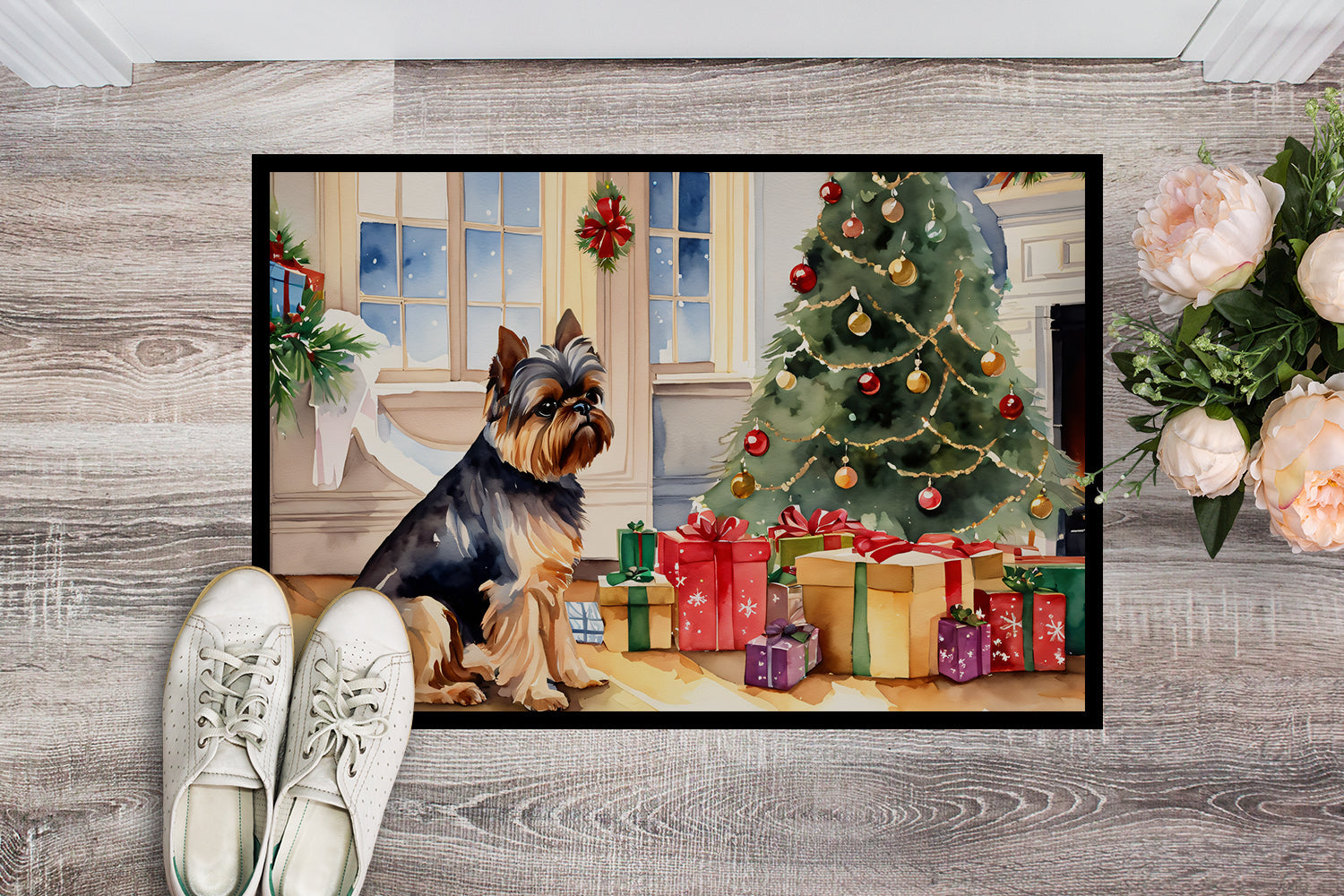 Brussels Griffon Cozy Christmas Doormat Indoor Outdoor 24H X 36W Front Door Mat Rugs for Entryway, Non Slip Washable Low Pile,
