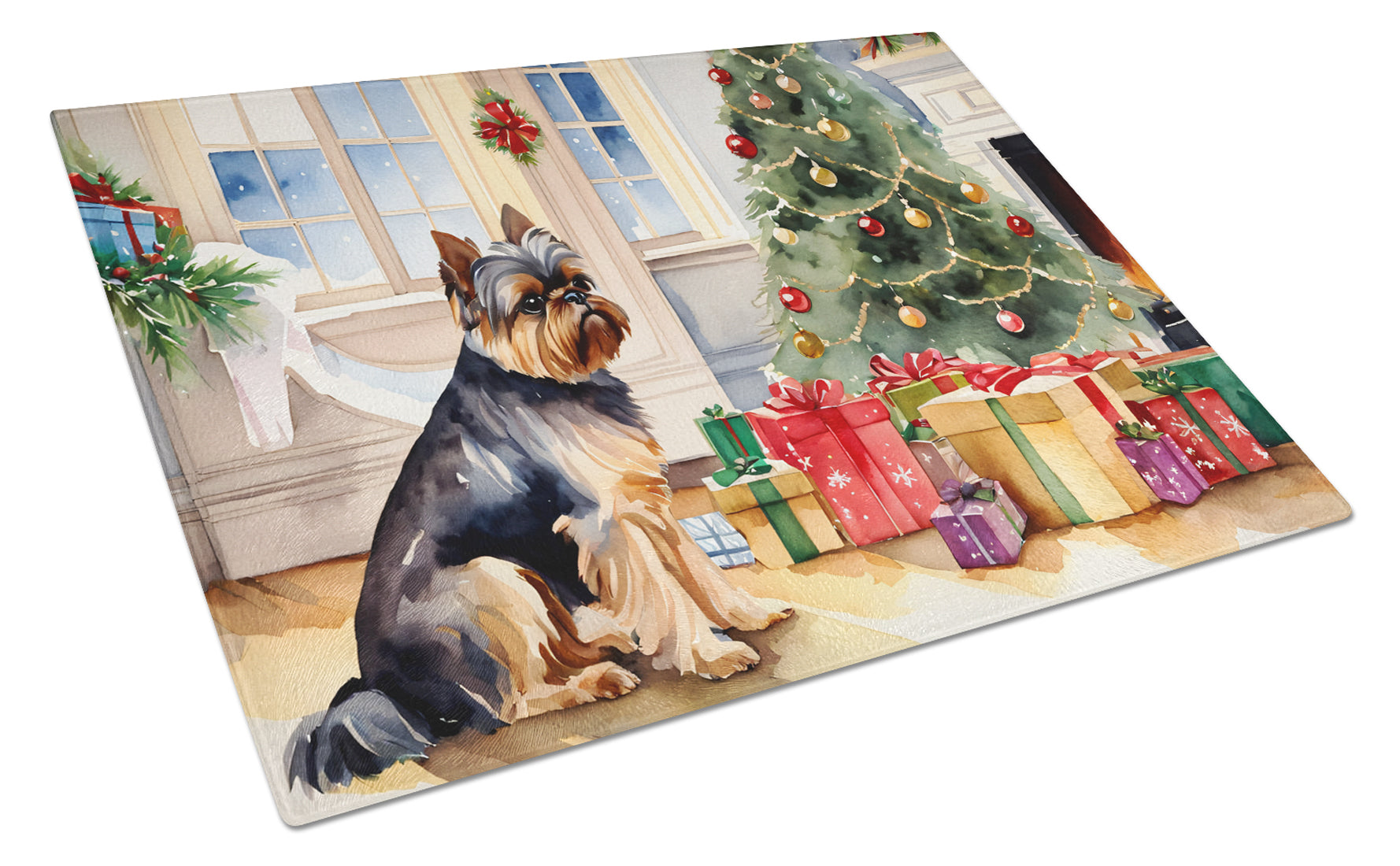 Brussels Griffon Cozy Christmas Cutting Board Tempered Glass Kitchen Cutting Surface, Heat Resistant Chopping, Non-Slip Feet, Food Prep & Serving