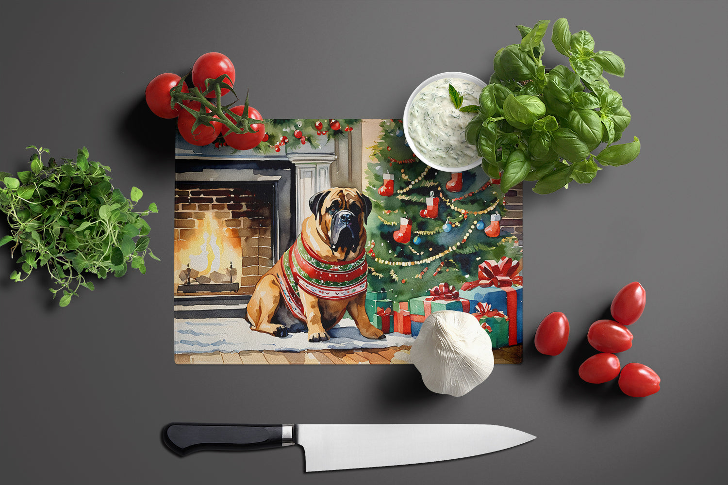 Bullmastiff Cozy Christmas Cutting Board Tempered Glass Kitchen Cutting Surface, Heat Resistant Chopping, Non-Slip Feet, Food Prep & Serving