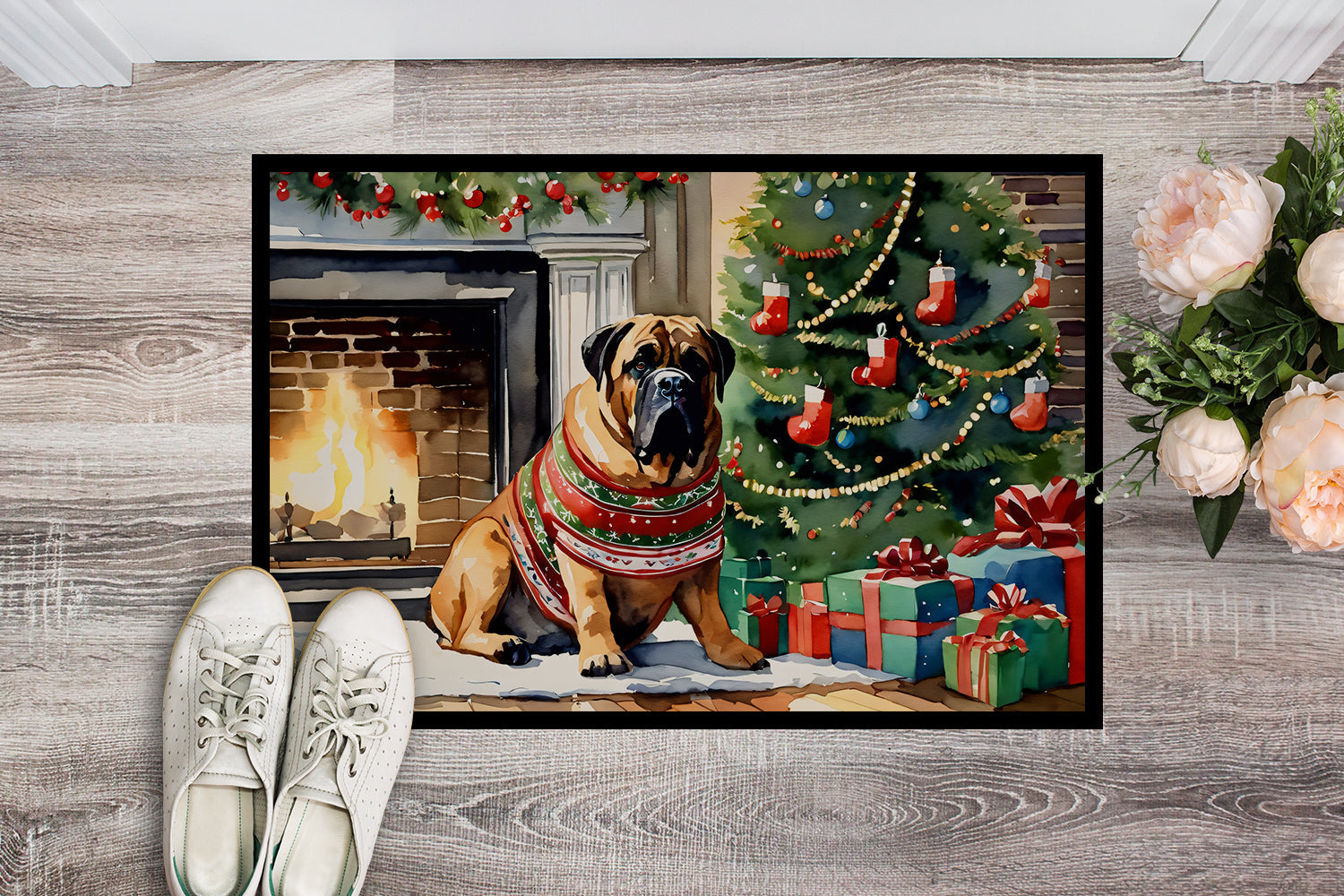Bullmastiff Cozy Christmas Doormat Indoor Outdoor 18H X 27W Front Door Mat Rugs for Entryway, Non Slip Washable