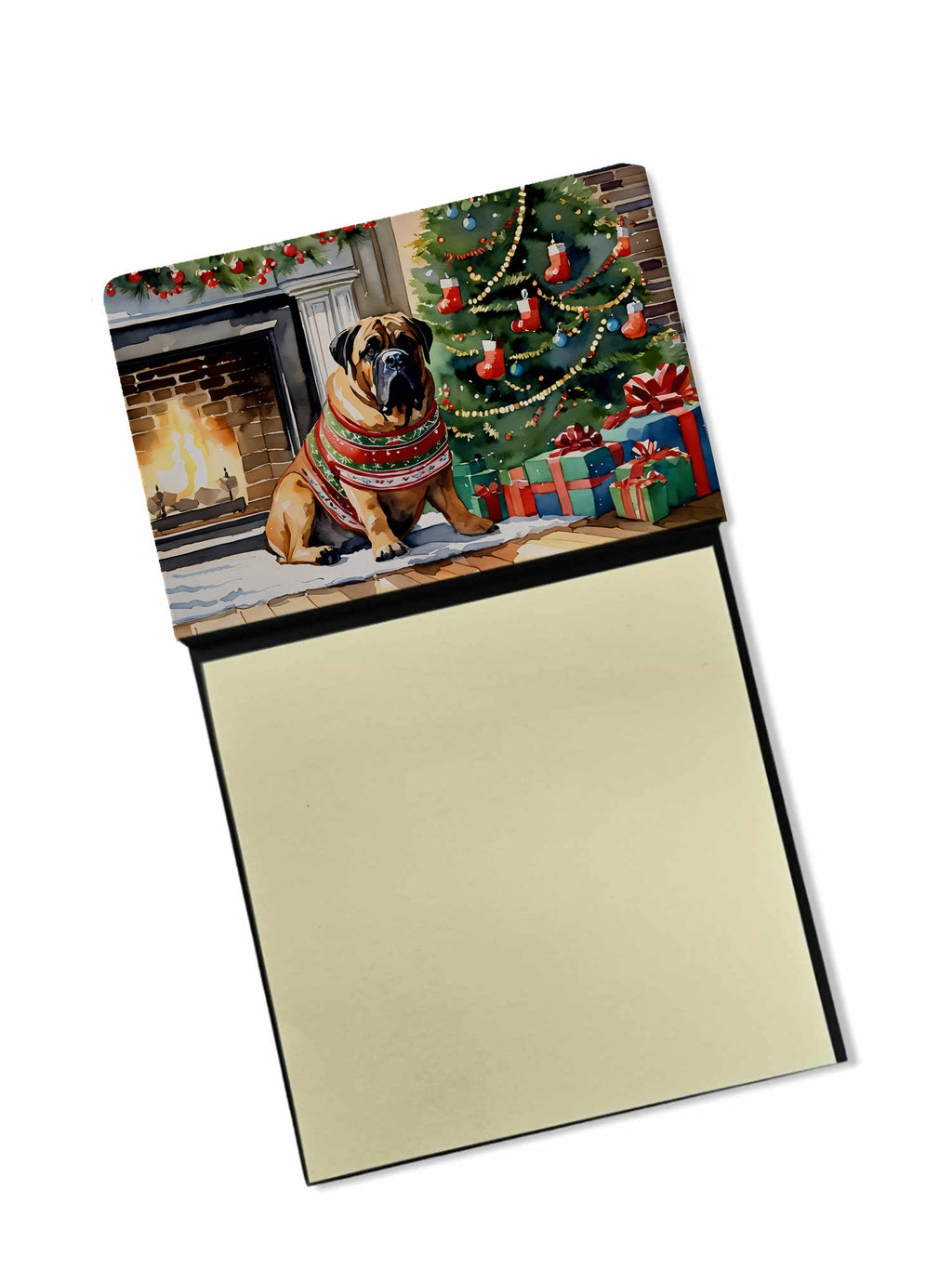 Bullmastiff Cozy Christmas Watercolor Sticky Note Holder Refillable Dispenser Desk Accessory 3x3 Pad Gift