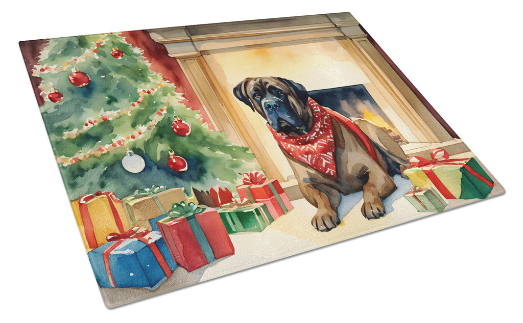 Bullmastiff Cozy Christmas Cutting Board Tempered Glass Kitchen Cutting Surface, Heat Resistant Chopping, Non-Slip Feet, Food Prep & Serving