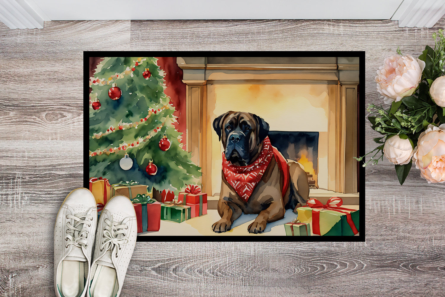 Bullmastiff Cozy Christmas Doormat Indoor Outdoor 18H X 27W Front Door Mat Rugs for Entryway, Non Slip Washable