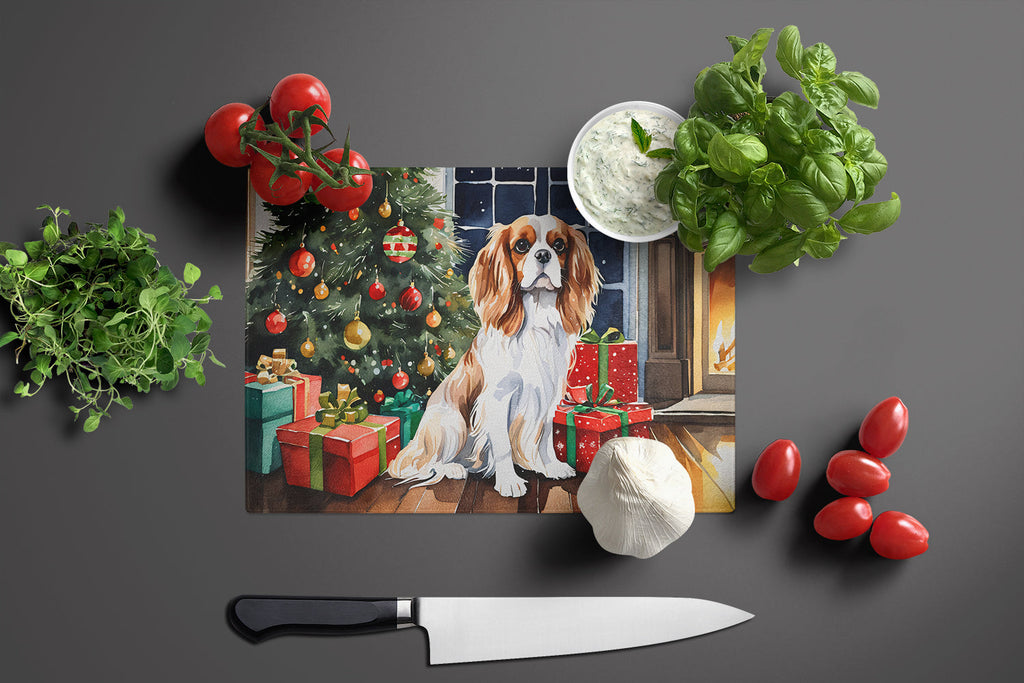 Cavalier Spaniel Cozy Christmas Cutting Board Tempered Glass Kitchen Cutting Surface, Heat Resistant Chopping, Non-Slip Feet, Food Prep & Serving